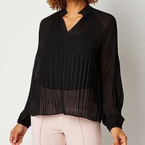 Ryegrass Sheer Black Split Neck Long Sleeve Blouse Size Large